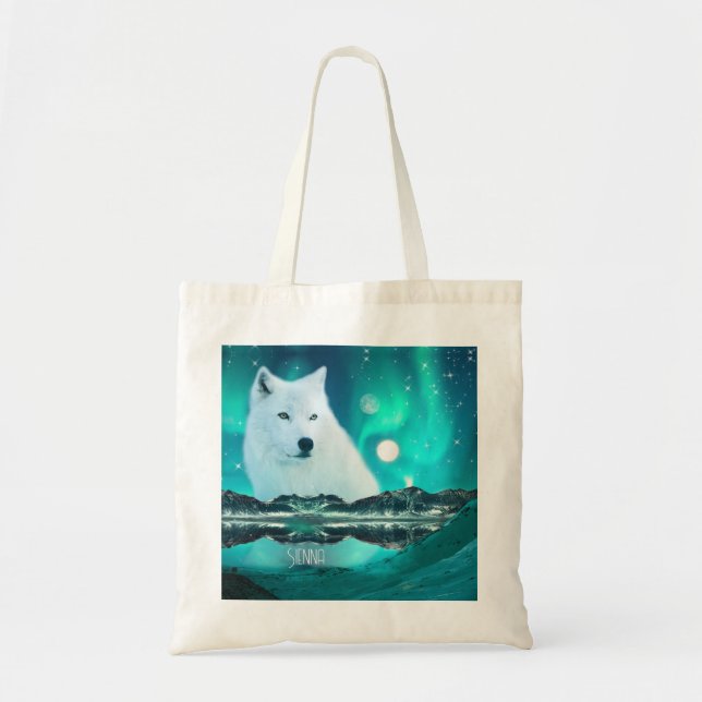 Arctic wolf and magical night with northern lights tote bag (Front)