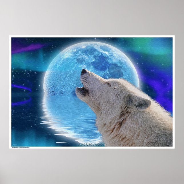 Arctic Wolf Howling at Aurora & Moon Wildlife Art Poster (Front)