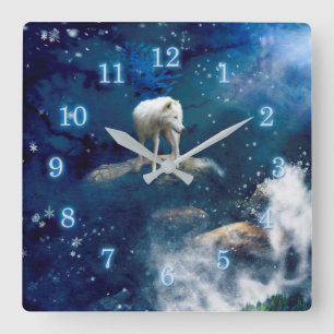 ARCTIC WOLF MOON STRIDER SQUARE WALL CLOCK