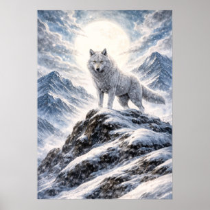 Arctic Wolf On Top Of Snowy Mountain - Animal Art Poster