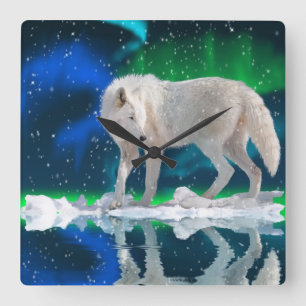 Arctic Wolf, Snow & Aurora Wildlife Art Clock