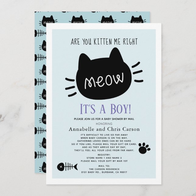 Are You Kitten Me Blue Boy Baby Shower by Mail Invitation (Front/Back)