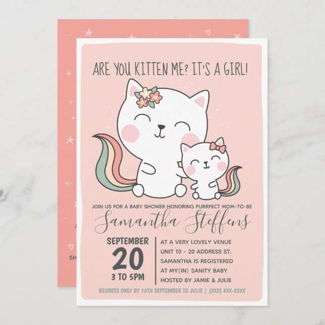 Are You Kitten Me Cute Pink Cat Girl Baby Shower Invitation (Front/Back)