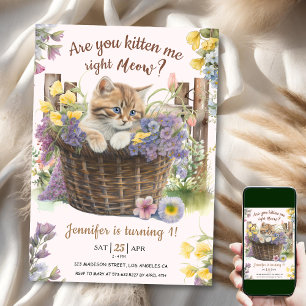 Are You Kitten Me Floral Pink Cat 1st Birthday Invitation