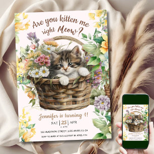 Are You Kitten Me Meow   Cat Girl 1st Birthday  Invitation