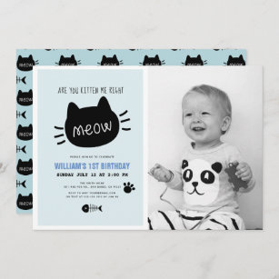 Are You Kitten Me Right Meow Blue BIrthday Photo Invitation