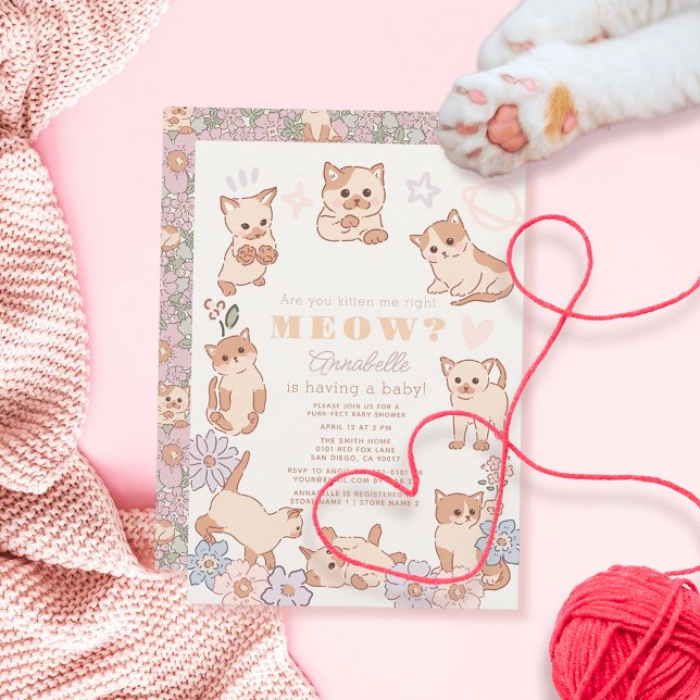 Are You Kitten Me Right Meow Floral Baby Shower Invitation (Creator Uploaded)