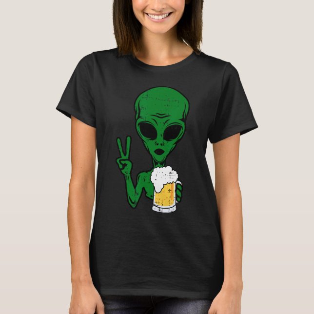 Area-51 Alien Beer Peace Sign Lazy Drinking Hallow T-Shirt (Front)