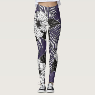 Areca palm, hibiscus sketch: vintage pattern leggings