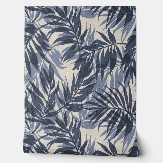 Areca Palms Hawaiian Tropical Vintage- Indigo Wallpaper (Unrolling)