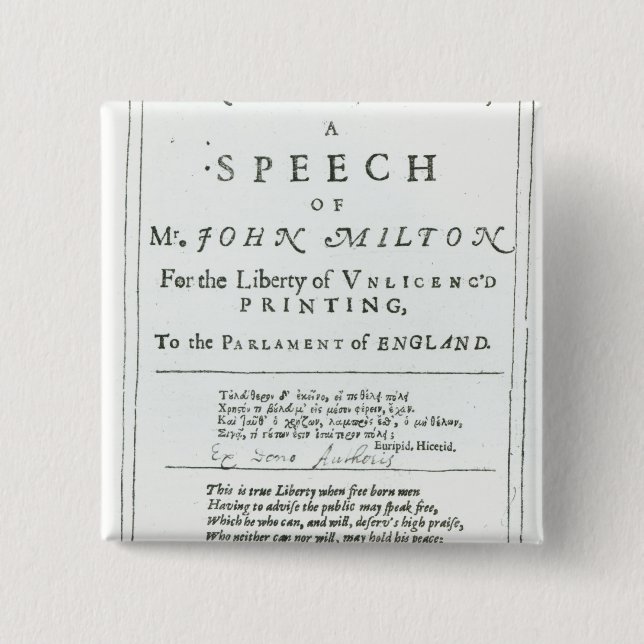 Areopagitica'  a speech of John Milton 15 Cm Square Badge (Front)