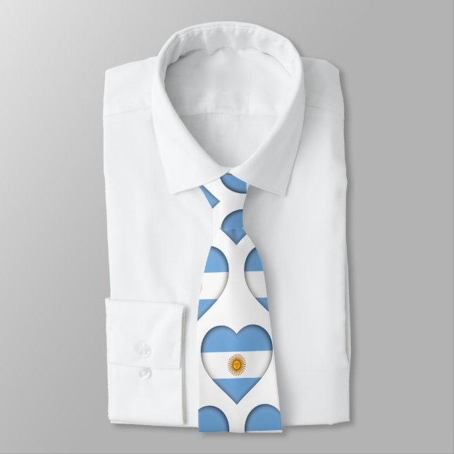 Argentina Flag Colours Heart Pattern Neck Tie (Tied)