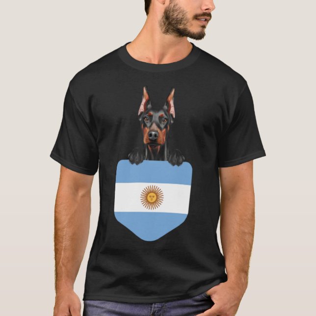 Argentina Flag Doberman Pinscher Dog In Pocket T-Shirt (Front)