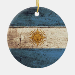 Argentina Flag on Old Wood Grain Ceramic Tree Decoration