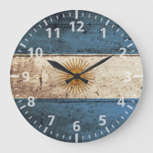 Argentina Flag on Old Wood Grain Large Clock