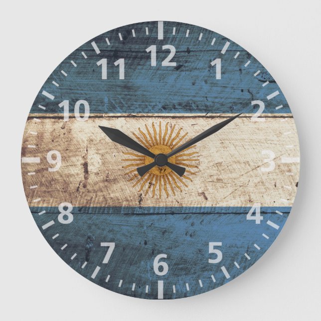 Argentina Flag on Old Wood Grain Large Clock (Front)