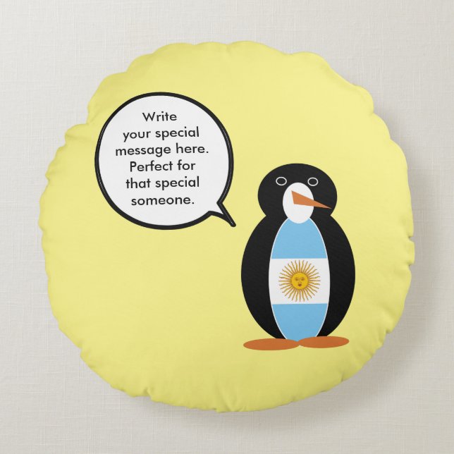Argentine Flag Talking Ms Penguin Personalised Round Cushion (Front)