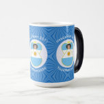 Argentine Hanukkah Angel Flag Personalised  Magic Mug<br><div class="desc">Magic morphing mug features an Argentine Flag Angel, dressed in the flag of Argentina, inside a white, fractal circle of squiggly squares. The circle is on a blue fractal background of squiggly squares. Add a name, holiday, and year to personalise your mug as a gift or to add to your...</div>