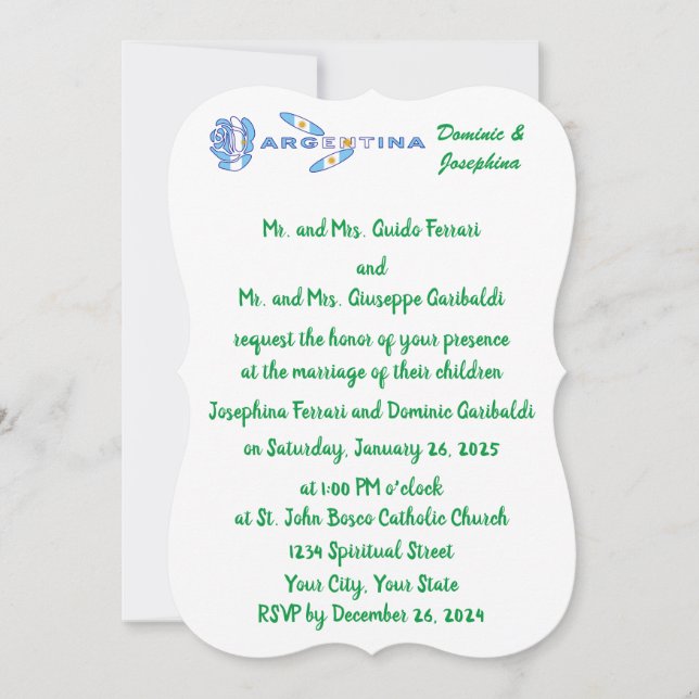 Argentine Rose Flag Personalized Wedding Invitation (Front)