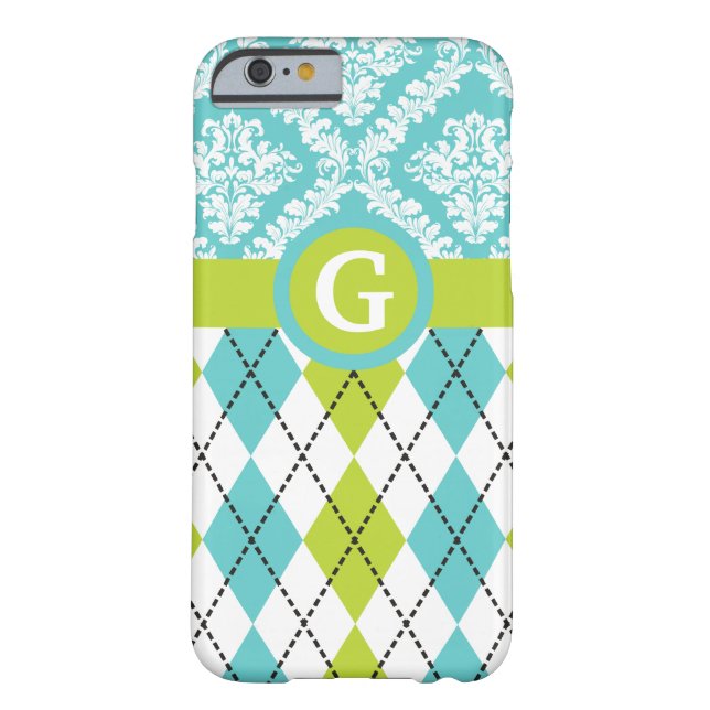 Argyle and damask pattern green, aqua monogram Case-Mate iPhone case (Back)