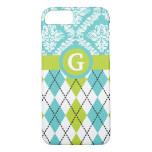 Argyle and damask pattern green, aqua monogram iPhone 8/7 case