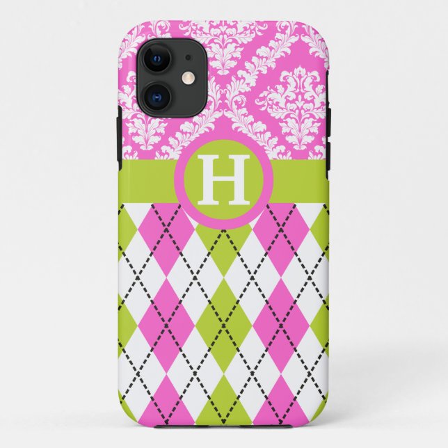 Argyle and damask pattern green, pink monogram Case-Mate iPhone case (Back)