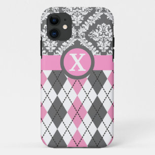 Argyle and damask pattern pink, yellow monogram iPhone 11 case