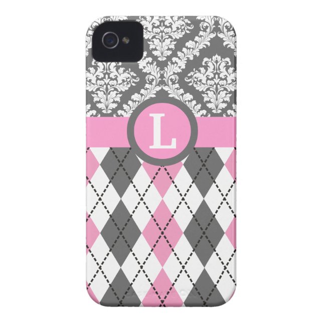 Argyle and damask pattern pink, yellow monogram Case-Mate iPhone case (Back)