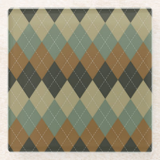 Argyle Autumn: Brown-Green Rhombus Chic Glass Coaster