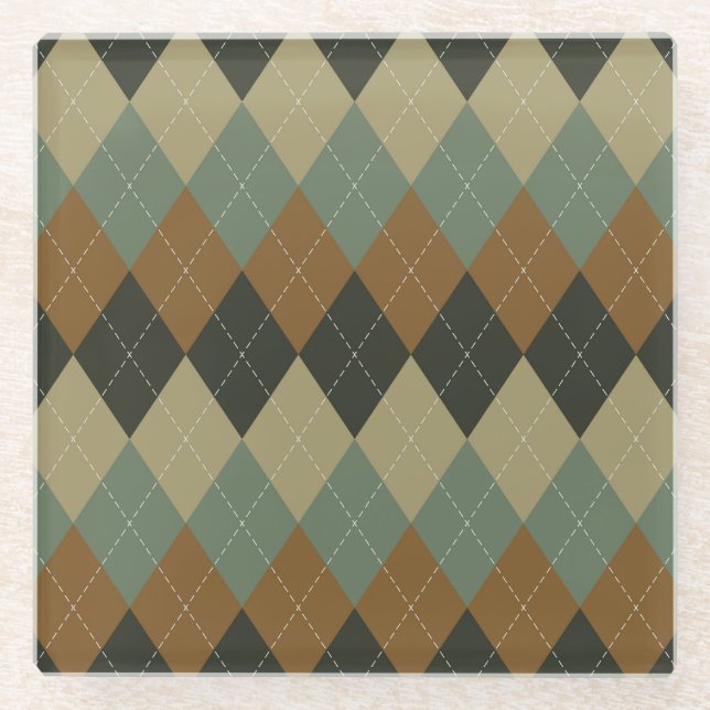 Argyle Autumn: Brown-Green Rhombus Chic Glass Coaster (Front)