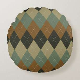 Argyle Autumn: Brown-Green Rhombus Chic Round Cushion