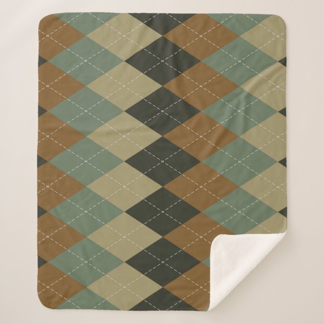 Argyle Autumn: Brown-Green Rhombus Chic Sherpa Blanket (Front)