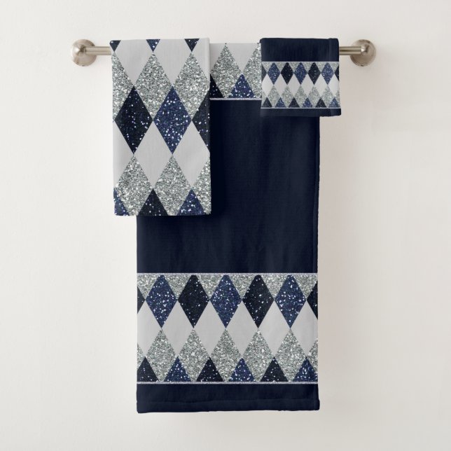 Argyle Blues Silver Shimmer Faux Glitter - All Opt Bath Towel Set (Insitu)