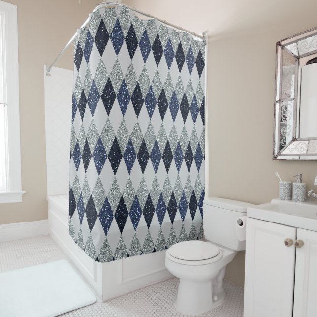Argyle Blues Silver Shimmer Faux Glitter Shower Curtain (In Situ)