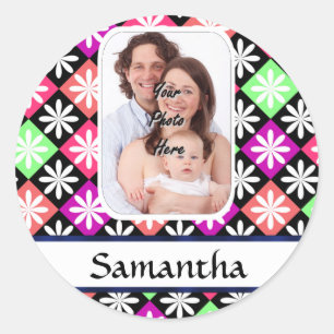 Argyle daisy pattern classic round sticker