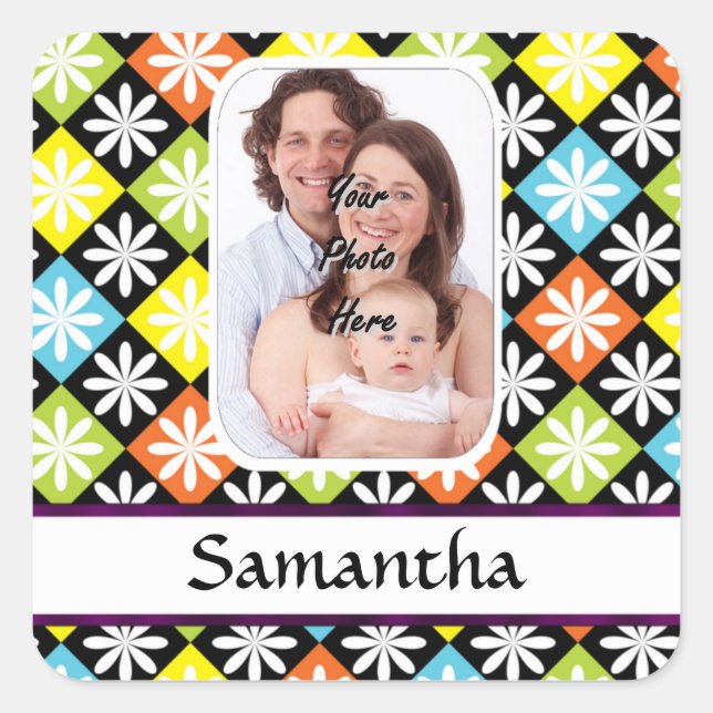 Argyle daisy pattern square sticker (Front)