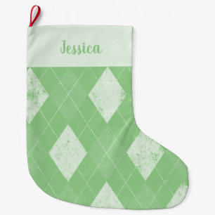 Argyle Distressed Green and White Large Christmas Stocking