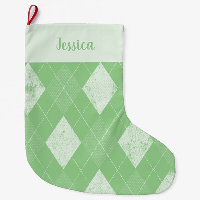 Argyle Distressed Green and White Large Christmas Stocking (Front)