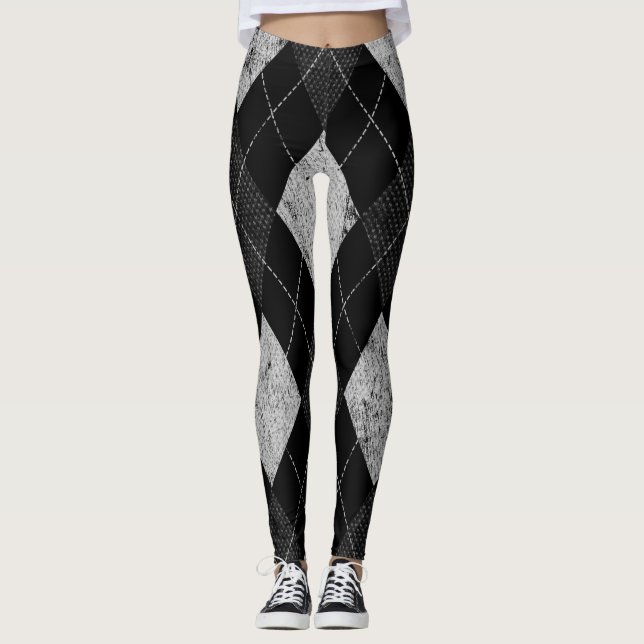 Argyle Distressed Monochrome preppy pattern 80s Leggings (Front)