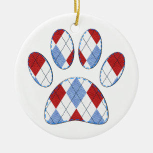 Argyle Dog Paw Print Ceramic Ornament