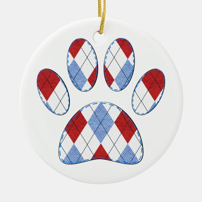 Argyle Dog Paw Print Ceramic Ornament (Front)