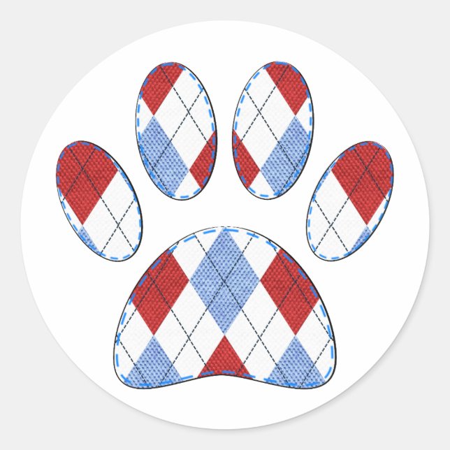 Argyle Dog Paw Print Classic Round Sticker (Front)