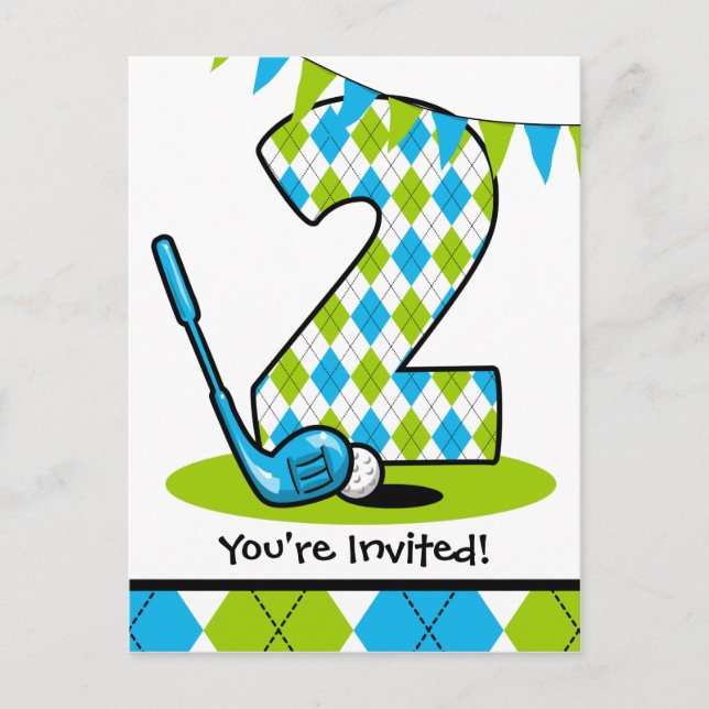 Argyle Golf 2nd Birthday Postcard Invitation (Front)