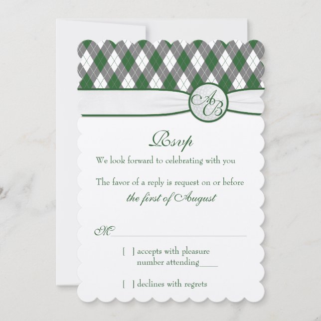 Argyle Golfball Golf Green Monogram Wedding RSVP Invitation (Front)