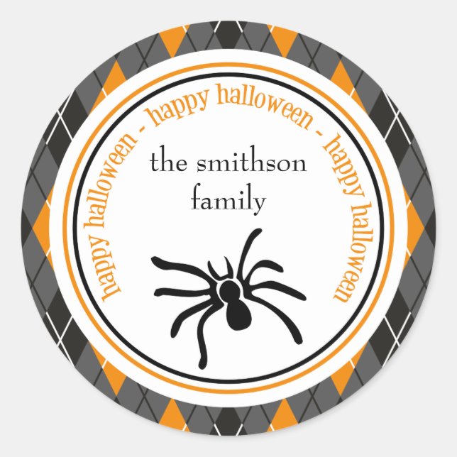 Argyle Happy Halloween Spider (Black / Orange) Classic Round Sticker (Front)