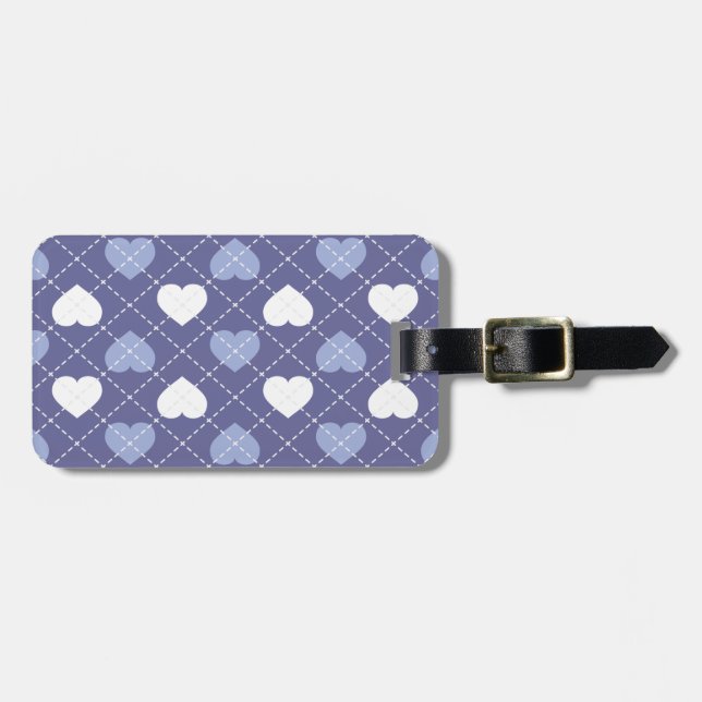 Argyle Hearts: Sky Blue and White Luggage Tag (Front Horizontal)