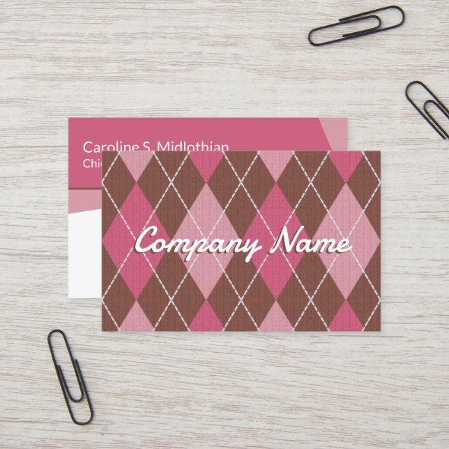 Argyle Knit & Sports Fashion Theme - Pink / Coffee Business Card (Front/Back In Situ)