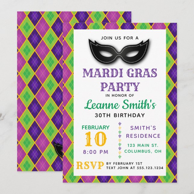 Argyle Mardi Gras Party Invitation (Front/Back)
