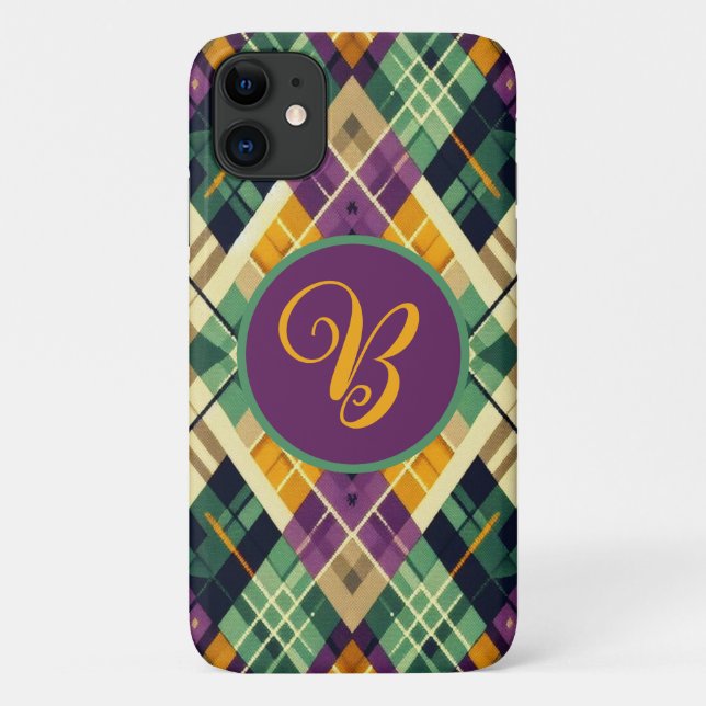 Argyle Mardi Gras yellow purple green Case-Mate iPhone Case (Back)