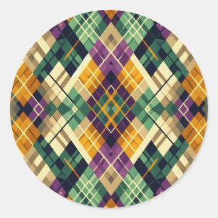 Argyle Mardi Gras yellow purple green Classic Round Sticker